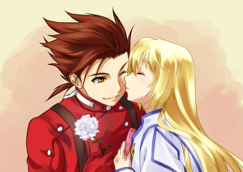 1boy blonde_hair brown_eyes brown_hair carnation closed_eyes closed_mouth colette_brunel commentary_request couple female flower gloves highres holding holding_flower kabane_(follabi) kissing kissing_cheek lloyd_irving long_hair one_eye_closed red_shirt shirt smirk straight tales_of_(series) tales_of_symphonia white_carnation white_flower