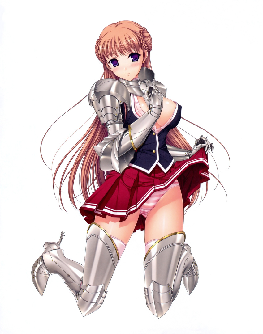 absurdres armor breasts brown_hair cleavage female female full_body gorget highres knight komori_kei lingerie long_hair lowres noel_maresse_ascot noel_marres_ascot official_art panties pantyshot pauldrons sabatons simple_background skirt solo spaulders underwear upskirt walkure_romanze white_background