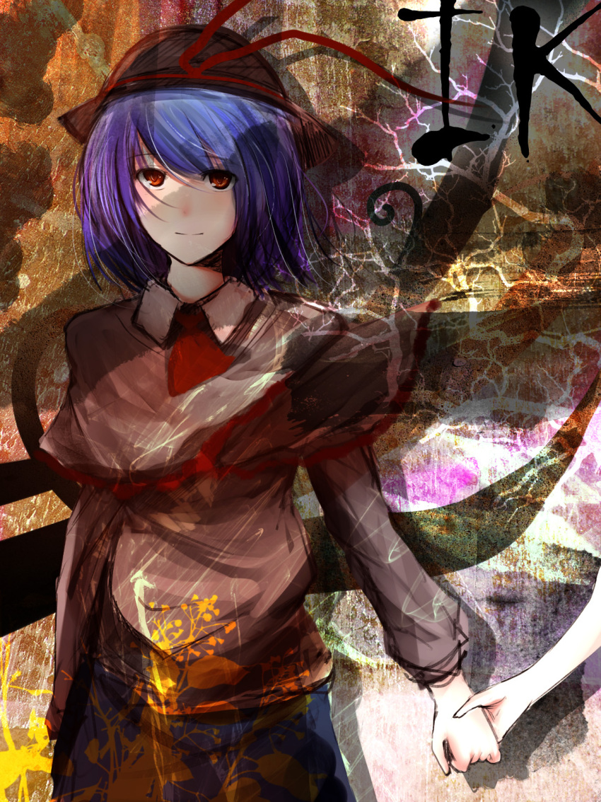 capelet commentary_request female hat highres holding_hands light_smile metalwasabi nagae_iku out_of_frame photoshop_(medium) purple_hair red_eyes ribbon short_hair skirt solo_focus touhou upper_body