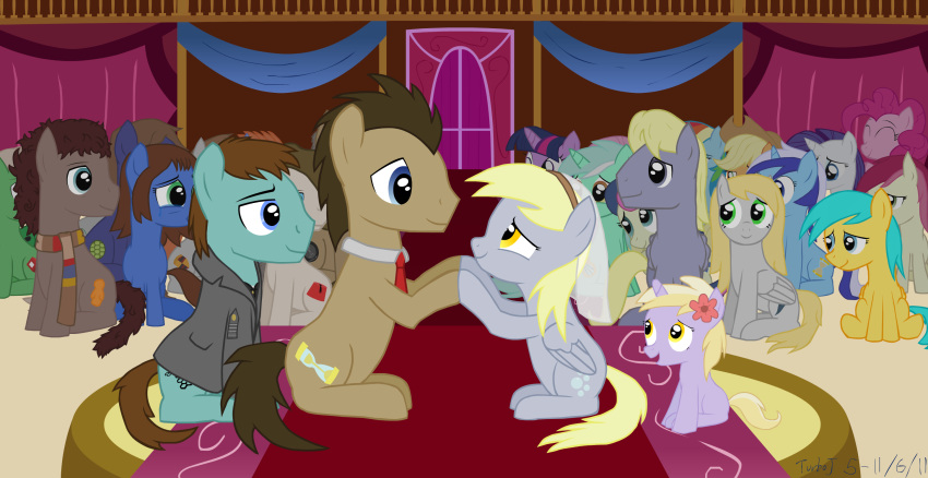 applejack_(mlp) blonde_hair blue_body blue_eyes blue_fur blue_hair bonbon_(mlp) british_broadcasting_corporation brown_body brown_hair bubbles_(mlp) cutie_mark derpy_hooves dinky_hooves_(mlp) doctor_who doctor_whooves_(mlp) earth_pony equid equine feathered_wings feathers female feral flower fluttershy_(mlp) fourth_doctor friendship_is_magic fur green_eyes grey_body grey_feathers group hair hasbro hi_res horn horse hourglass_(object) jack_harkness_(doctor_who) jack_harkness_(mlp) lyra_heartstrings_(mlp) male mammal minuette_(mlp) multicolored_hair my_little_pony mythological_creature mythological_equine mythology necktie orange_body pegasus pink_body pink_hair pinkie_pie_(mlp) plant pony purple_body purple_hair quadruped rainbow_dash_(mlp) rainbow_hair raindrops_(mlp) rarity_(mlp) red_hair tail the_doctor_(doctor_who) turbojuk twilight_sparkle_(mlp) two_tone_hair unicorn wedding white_body wings yellow_body yellow_eyes young young_feral