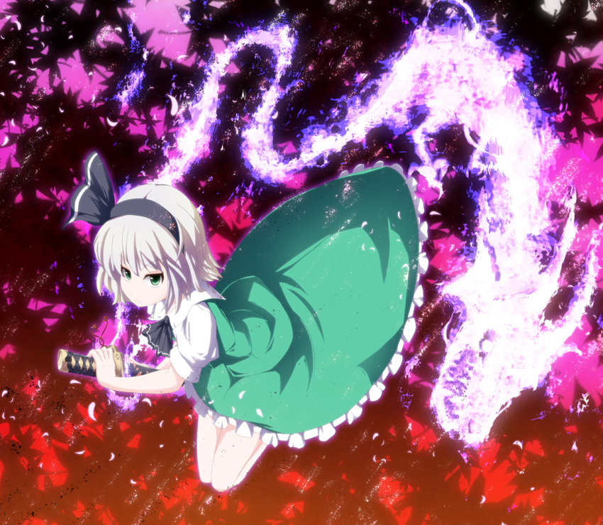 bob_cut commentary_request dragon dress electricity female frills green_eyes grey_hair hair_ribbon hairband konpaku_youmu meracle petals photoshop_(medium) ribbon short_hair solo sword touhou weapon