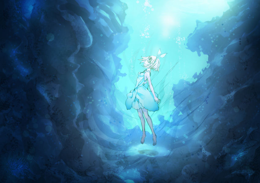 bare_legs barefoot blonde_hair blue_theme closed_eyes commentary_request female hair_ribbon hairband kagamine_rin mille_(dieci) photoshop_(medium) ribbon solo underwater vocaloid