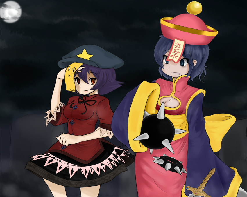 2girls absurdres blue_eyes blue_hair bracelet breasts china_dress chinese_clothes cleavage cleavage_cutout clothing_cutout commentary_request cosplay costume_switch crossover dezombification dress expressive_clothes hat hat_ornament highres jewelry jiangshi lei_lei lei_lei_(cosplay) medium_breasts meganemausu miyako_yoshika miyako_yoshika_(cosplay) multiple_girls ofuda paint.net_(medium) pale_skin purple_hair red_eyes short_hair skirt sleeves_past_wrists spiked_bracelet spikes star_(symbol) star_hat_ornament sword touhou trait_connection translated vampire_(game) weapon