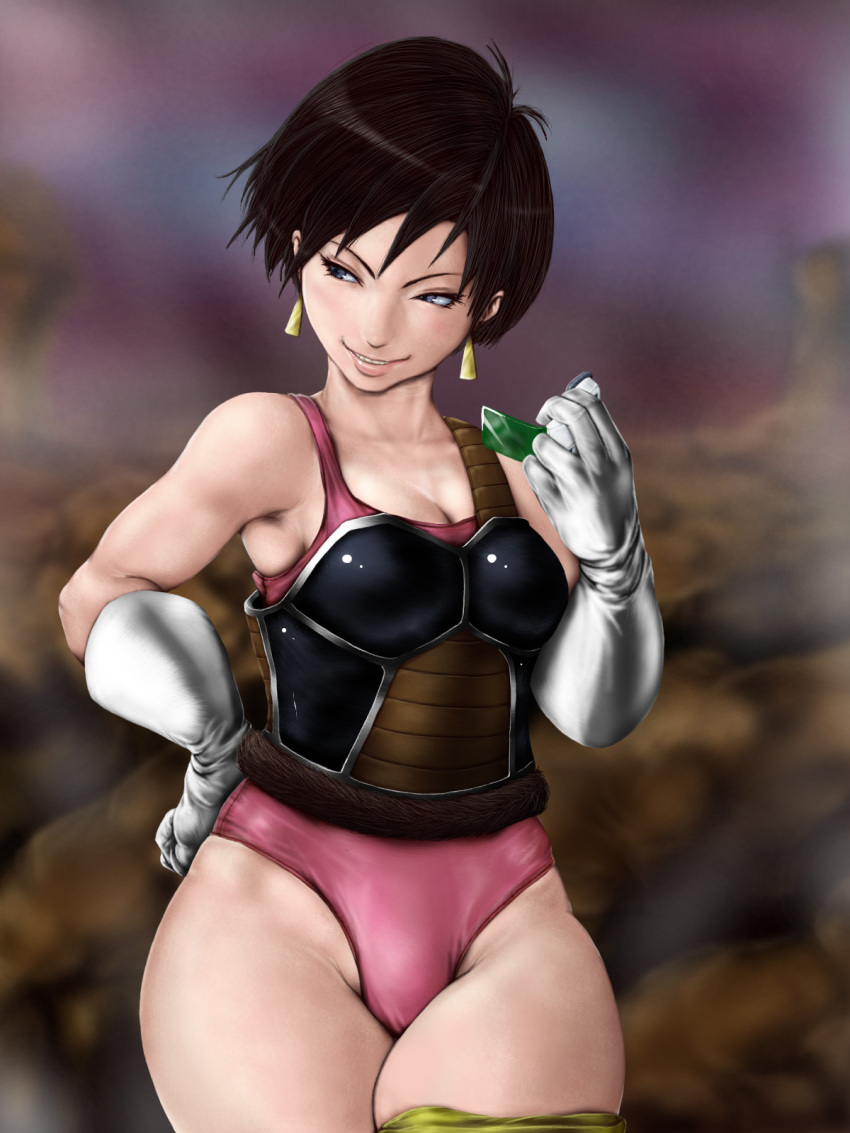 armor bad_id bad_pixiv_id bare_shoulders black_hair blue_eyes curvy dragon_ball dragon_ball_z earrings female gloves grin hand_on_own_hip highres jewelry leotard monkey_tail nix_(ak-style) pink_leotard plump saiyan_armor scouter seripa short_hair smile solo tail teeth thick_thighs thighs unworn_eyewear