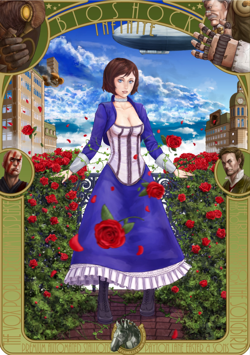 3boys aircraft art_nouveau bad_id bad_pixiv_id bioshock_(series) bioshock_infinite blue_eyes blurry booker_dewitt boots breasts brown_hair choker cleavage clock cloud day depth_of_field dirigible dress elizabeth_(bioshock_infinite) female flower handyman_(bioshock_infinite) highres horse jacket medium_breasts multiple_boys petals raikou_(yorimitsu) rose smoke songbird_(bioshock_infinite) vox_populi