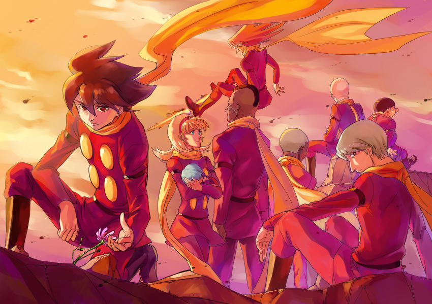 6+boys albert_heinrich baby bald black_hair blonde_hair blue_hair brown_hair chang_changku cyborg_009 dark-skinned_male dark_skin female francoise_arnoul geronimo_jr gray_hair grey_hair highres ivan_whisky jet_link long_nose multiple_boys outdoors pyunma scarf shimamura_jã¥â shimamura_j? shimamura_joe sky uniform