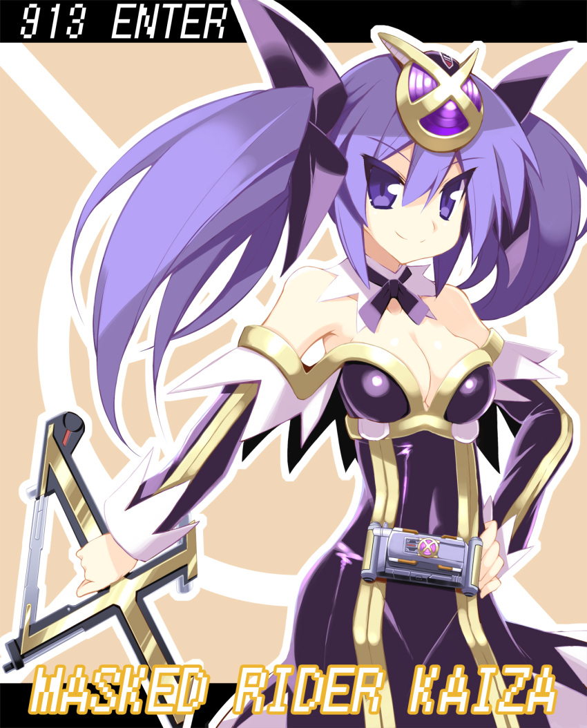 breasts commentary_request female highres hoppege kamen_rider kamen_rider_555 kamen_rider_kaixa medium_breasts personification purple_eyes purple_hair ribbon rider-tan smile solo twintails weapon