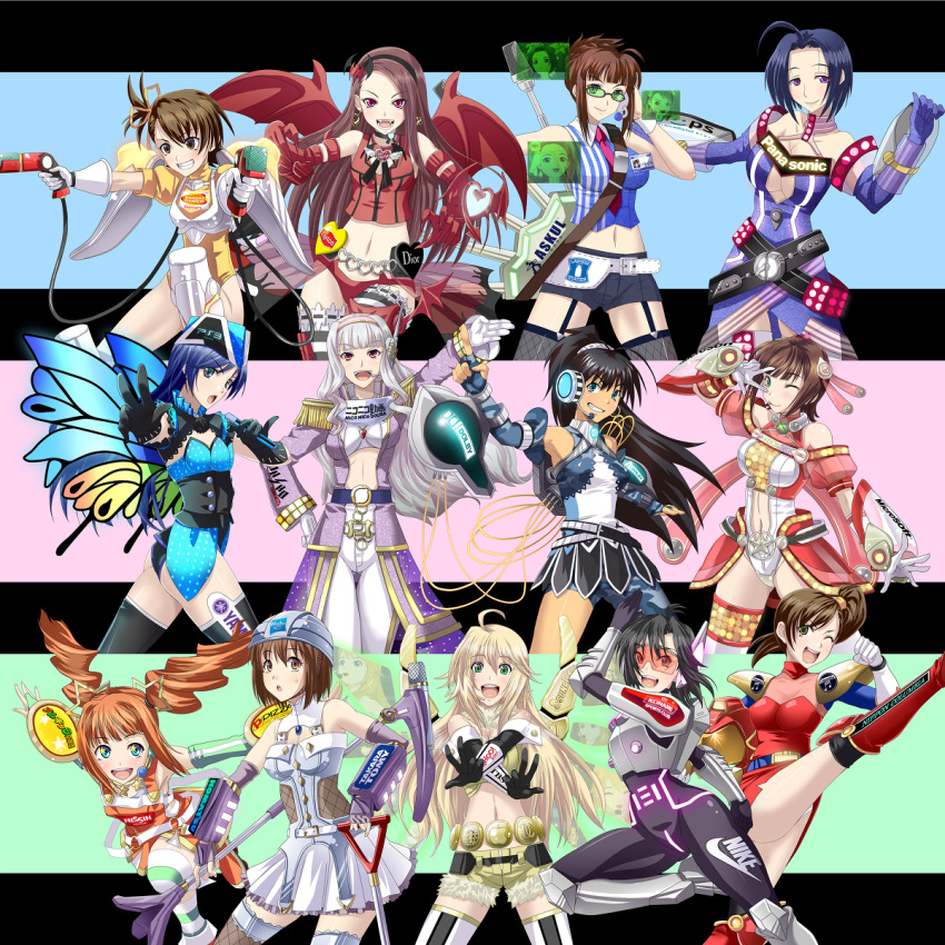 6+girls :d ahoge akizuki_ritsuko amami_haruka armor bandai_namco belt black_hair blonde_hair blue_eyes blue_hair bodysuit bow brown_eyes brown_hair buckler butterfly_wings chanel claws commentary_request cosplay demon_wings dior dolby drill_hair earrings futami_ami futami_mami game_console ganaha_hibiki glasses green_eyes gun hagiwara_yukiho hasbro headband headset highres hoshii_miki ichimedoo idolmaster idolmaster_(classic) image_sample insect_wings jewelry kanda_momo kanda_momo_(cosplay) kikuchi_makoto kisaragi_chihaya komatsu_(company) konami latex lawson lipton logo long_hair md5_mismatch microsoft midriff minase_iori miura_azusa multiple_girls name_tag navel necktie niconico nike_(company) nippon_columbia nissin oerba_yun_fang open_mouth panasonic_corporation pauldrons pixiv_sample playstation_3 ponytail purple_eyes purple_hair red_eyes reflection season_connection shield shijou_takane short_hair shorts shoulder_armor smile starbucks sunrise_(company) suspenders takatsuki_yayoi tbs thighhighs tiger_&_bunny twintails very_long_hair weapon white_hair wings wonder_momo xbox_360 yahoo! yamaha zettai_ryouiki