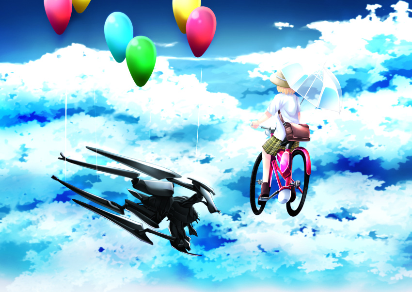 balloon balloons bicycle blonde_hair bokurano cloud clouds crossover flying hat highres mecha miles owar_to_hajimari_no_miles owari_to_hajimari_no_miles parody skirt sky umbrella zearth