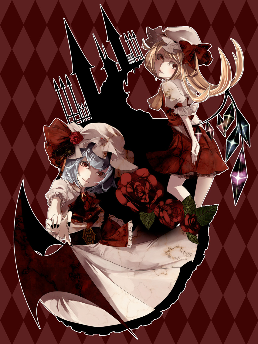 2girls ascot bad_id bad_pixiv_id bat_wings blonde_hair bloomers blue_hair commentary_request corset dress flandre_scarlet flower hat highres memai multiple_girls oerba_yun_fang photoshop_(medium) pink_dress red_eyes red_flower red_rose remilia_scarlet rose scarlet_devil_mansion shirt siblings side_ponytail sisters skirt skirt_set touhou underwear wings