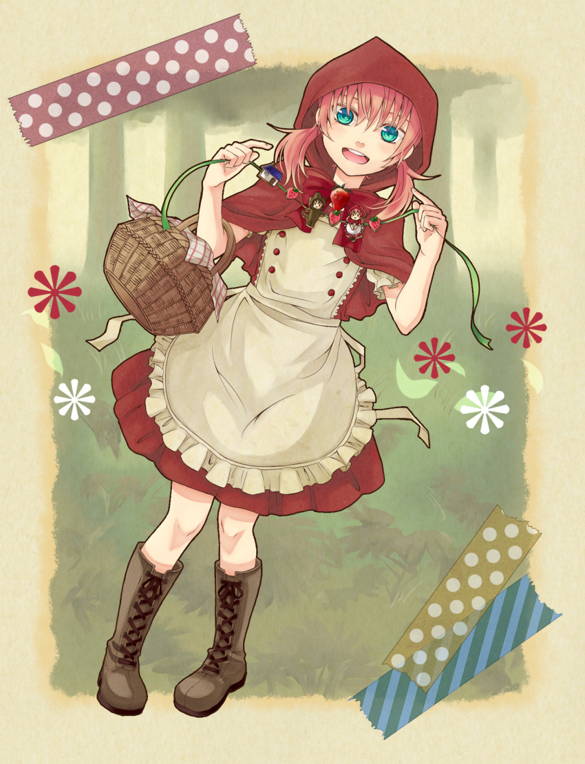 1boy bad_id bad_pixiv_id basket bekkourico blue_eyes boots cosplay crossdressing dress full_body grimm's_fairy_tales highres inazuma_eleven_(series) inazuma_eleven_go kirino_ranmaru little_red_riding_hood little_red_riding_hood_(grimm) little_red_riding_hood_(grimm)_(cosplay) long_hair low_twintails male_focus open_mouth otoko_no_ko photoshop_(medium) pink_hair smile solo twintails