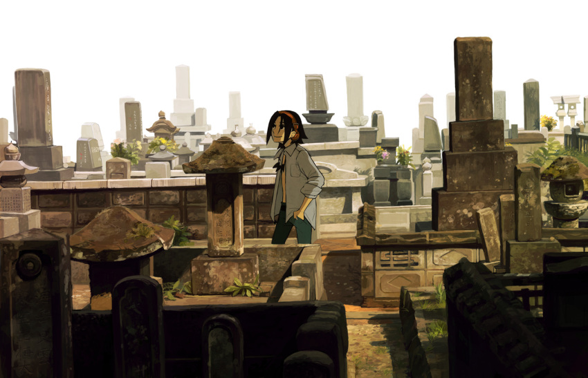 1boy asakura_yoh commentary_request flower graveyard hand_in_pocket headphones jewelry leaf male_focus necklace photoshop_(medium) scenery shaman_king smile softon solo tombstone