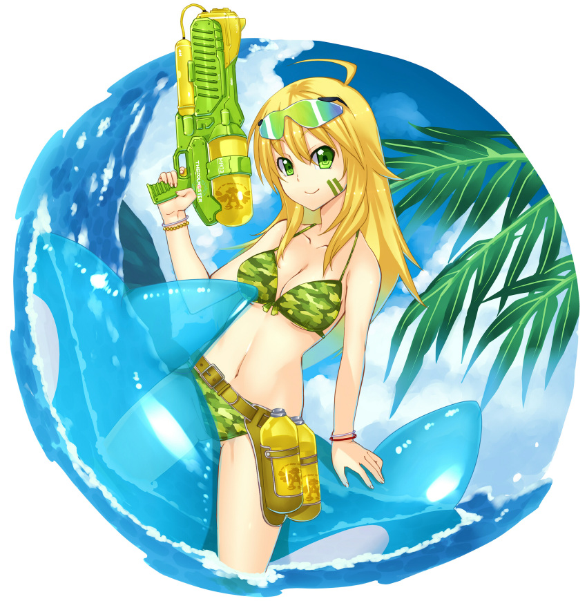 ahoge aqua_background bikini blonde_hair breasts camouflage circle cleavage commentary_request eyewear_on_head female finger_on_trigger front-tie_top green_eyes highres hoshii_miki idolmaster idolmaster_(classic) inflatable_toy long_hair medium_breasts navel riding round_image solo sunglasses swimsuit uemukai_dai water_gun whale woodland_camouflage