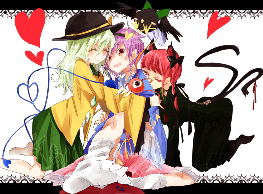 >_< 3girls :d ^_^ animal_ears azu_(azu401) bad_id bad_pixiv_id barefoot bird blush blush_stickers bow braid cat_ears cat_tail closed_eyes colored_eyelashes extra_ears feet girl_sandwich green_hair hairband hairbow hat hat_ribbon heart hug kaenbyou_rin kneeling komeiji_koishi komeiji_satori long_hair multiple_girls multiple_tails one_eye_closed open_mouth red_eyes reiuji_utsuho reiuji_utsuho_(bird) ribbon sandwiched smile socks tail third_eye touhou twin_braids wavy_mouth