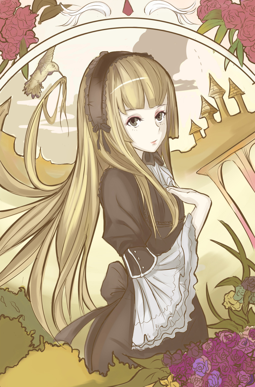 absurdres art_nouveau bad_id bad_pixiv_id black_dress black_hairband blonde_hair brown_eyes charlotte_(w5353383) dress female flower frilled_hairband frills gosick gothic_lolita hairband hand_on_own_chest highres light_brown_hair lolita_fashion long_hair photoshop_(medium) red_flower red_rose rose solo very_long_hair victorica_de_blois wide_sleeves