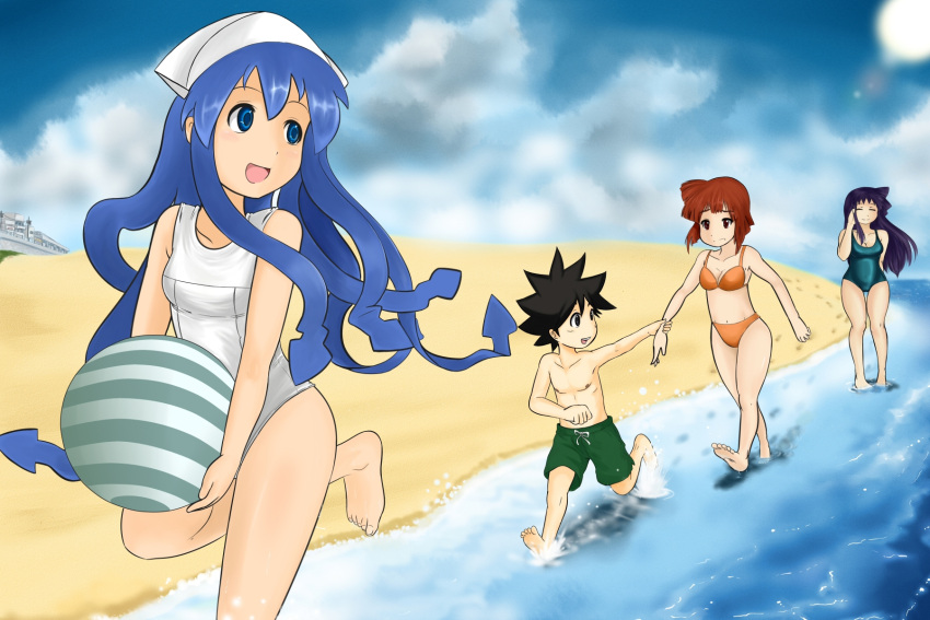 1boy 3girls aizawa_chizuru aizawa_eiko aizawa_takeru ball barefoot beachball bikini blue_eyes blue_hair commentary_request highres ikamusume male_swimwear meganemausu multiple_girls one-piece_swimsuit paint.net_(medium) school_swimsuit shinryaku!_ikamusume smile swim_trunks swimsuit tentacle_hair white_one-piece_swimsuit