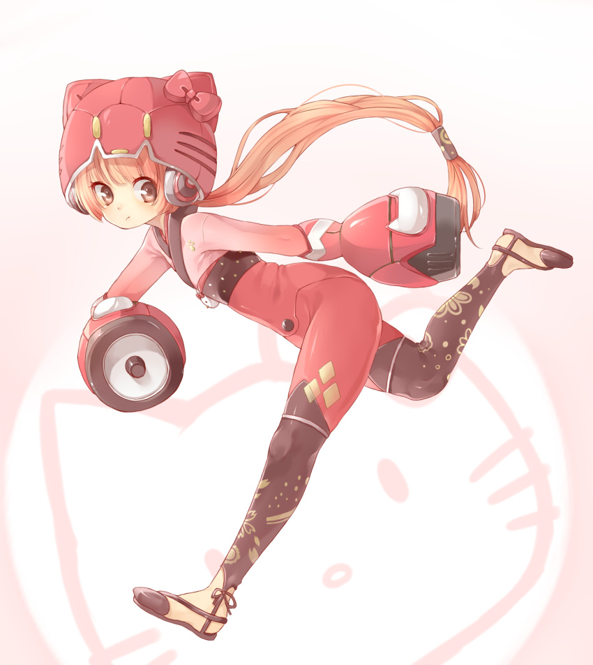 animal_helmet arm_cannon blush bow brown_hair commentary_request dual_arm_cannons female headphones hello_kitty hello_kitty_(character) helmet highres long_hair looking_to_the_side nekomura_iroha ponytail rojiko running sanrio solo speaker vocaloid weapon