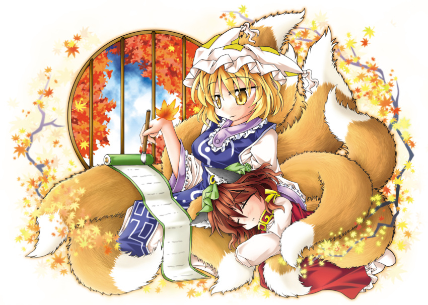 2girls animal_ears autumn_leaves blonde_hair brown_hair brush calligraphy_brush cat_ears chen commentary_request dress earrings fox_tail hat jewelry lying multiple_girls multiple_tails mumumu on_side paintbrush red_dress round_window scroll sitting sleeping smile tabard tail tail_wrap touhou white_dress window writing yakumo_ran yellow_eyes