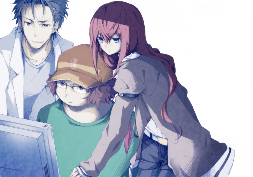 2boys at_computer commentary_request female glasses hashida_itaru hat highres kuusou_ryodan lab_coat long_hair makise_kurisu monitor multiple_boys okabe_rintarou pantyhose photoshop_(medium) screen_light shorts simple_background steins;gate white_background