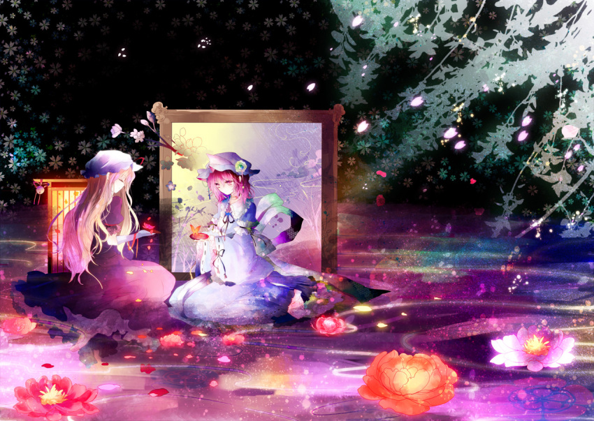 2girls bad_id bad_pixiv_id blonde_hair bow cherry_blossoms closed_eyes dress flower hat japanese_clothes kazu_(muchuukai) long_hair lotus multiple_girls petals photoshop_(medium) pink_eyes pink_hair saigyouji_yuyuko short_hair smile touhou triangular_headpiece yakumo_yukari