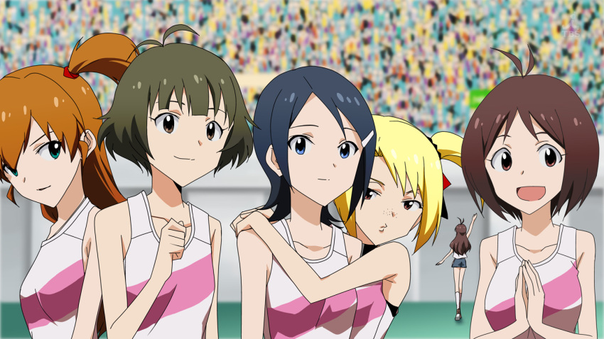 1boy 5girls akizuki_ryo antenna_hair arm_up arms_around_neck bare_shoulders blonde_hair brown_eyes brown_hair commentary_request crossdressing crowd dearly_stars_(idolmaster) freckles green_eyes gym_uniform hidaka_ai hidaka_mai hug idolmaster idolmaster_dearly_stars long_hair mizutani_eri mother_and_daughter multiple_girls otoko_no_ko photoshop_(medium) pout sakurai_yumeko short_hair smile suzuki_ayane tame_meshi waving