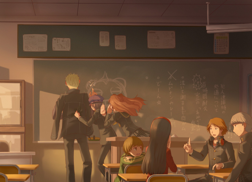 3boys 4girls amagi_yukiko black_hair brown_eyes brown_hair chalk chalkboard classroom commentary_request desk drawing grey_hair hairband hanamura_yousuke hat head_rest headphones index_finger_raised indoors kujikawa_rise kuma_(persona_4) long_hair multiple_boys multiple_girls narukami_yuu open_mouth persona persona_4 red_hair reverse_trap satonaka_chie school_uniform shirogane_naoto short_hair sitting sunset tatsumi_kanji translation_request yuugure