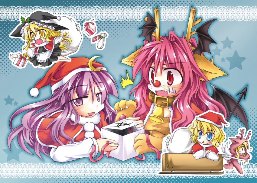 4girls :< :d ^^^ alice_margatroid animal_costume animal_ears animal_hands antlers apron bag bat_wings bell black_dress blue_eyes box braid capelet chibi collar commentary_request crescent deer_ears demon_tail dress flying gift gift_box hair_ribbon hat head_wings horns kirisame_marisa koakuma long_hair multiple_girls mumumu neck_bell oerba_yun_fang open_mouth patchouli_knowledge pink_hair purple_eyes purple_hair red_eyes red_nose reindeer_antlers reindeer_costume ribbon santa_costume shanghai_doll short_hair sled smile surprised tail touhou waist_apron wings witch_hat yellow_eyes