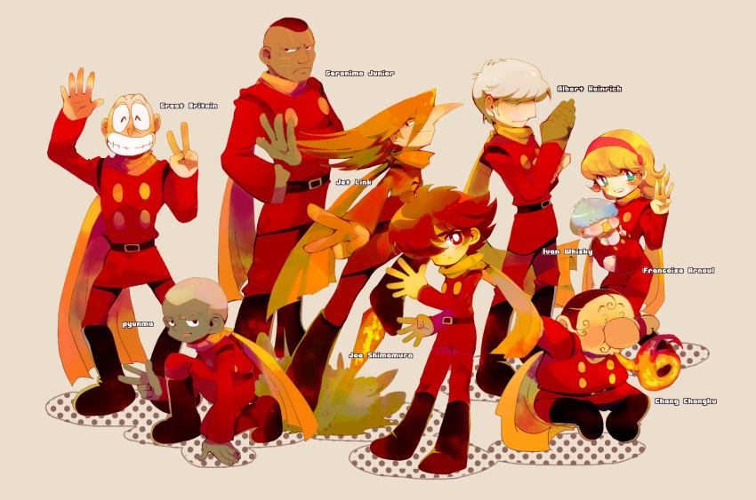 6+boys albert_heinrich baby bald bangs black_hair blonde_hair blue_hair brown_hair chang_changku character_name cyborg_009 dark-skinned_male dark_skin female fire francoise_arnoul geronimo_jr gray_hair great_britain_(cyborg_009) grey_hair highres ivan_whisky jet_link kinako_(462) long_hair long_nose multiple_boys pyunma scarf shimamura_jã¥â shimamura_j? shimamura_joe smile solo uniform