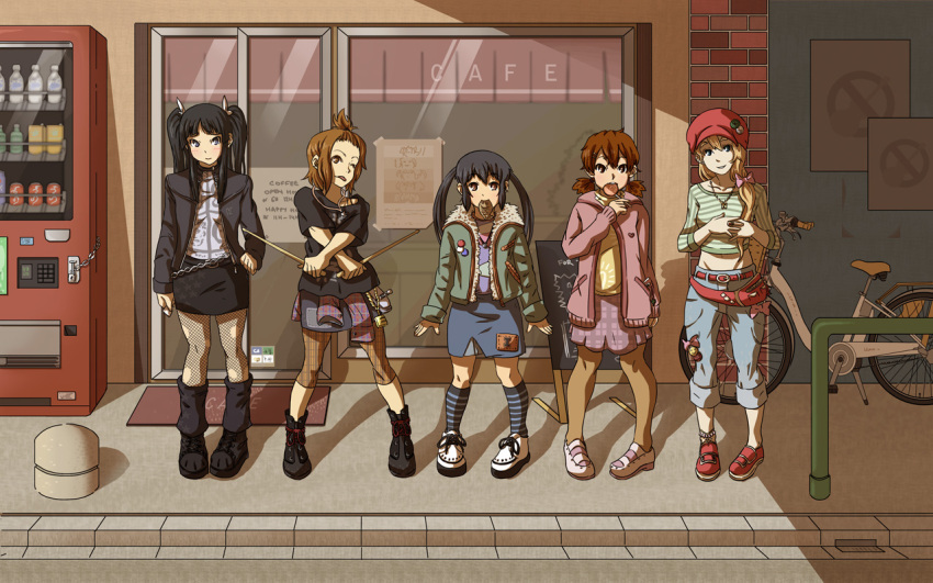 5girls akiyama_mio alternate_outfit bicycle black_hair blonde_hair boots brown_hair cap contemporary drum drumsticks fishnets food hat hirasawa_yui jacket k-on! kneehigh_socks kotobuki_tsumugi long_hair mouth_hold nakano_azusa quintet restaurant short_hair socks sweater tainaka_ritsu taiyaki vending_machine