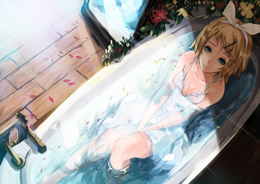 bare_legs bare_shoulders bathtub blonde_hair blue_eyes collarbone commentary_request dress female hair_ornament hair_ribbon hairband hairclip kagamine_rin looking_at_viewer looking_up mille_(dieci) partially_submerged petals photoshop_(medium) ribbon shade sitting solo sundress v_arms vocaloid water wet wet_clothes