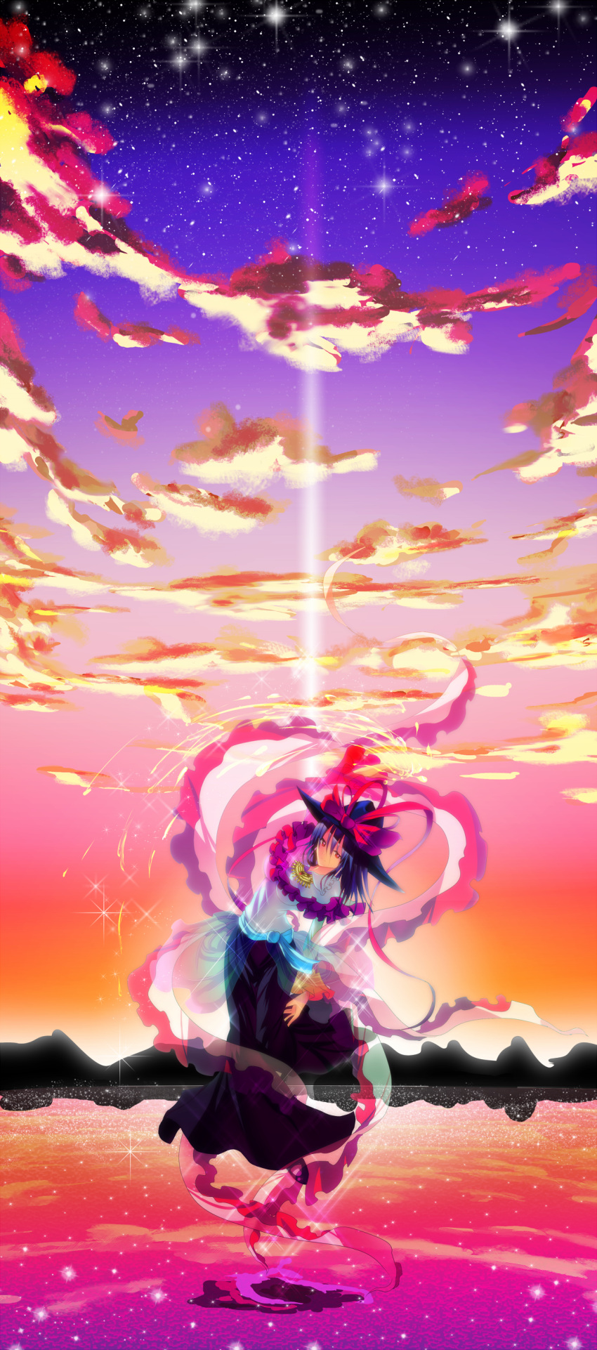 absurdres bad_id bad_pixiv_id black_skirt blue_hair bow cloud female frills hat hat_bow highres jewelry long_skirt nagae_iku red_eyes ribbon shawl short_hair skirt sky smile solo sousakubito space star_(sky) star_(symbol) starry_sky touhou translucent