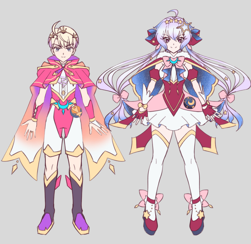 1boy ahoge axia-chan blonde_hair blue_eyes character_request coat crescent female fingerless_gloves gloves grey_hair hair_ornament highres leopold_(symphogear) long_hair magical_boy magical_girl medium_hair red_coat red_gloves senki_zesshou_symphogear senki_zesshou_symphogear_xd_unlimited star_(symbol) star_hair_ornament thighhighs twintails white_thighhighs yukine_chris