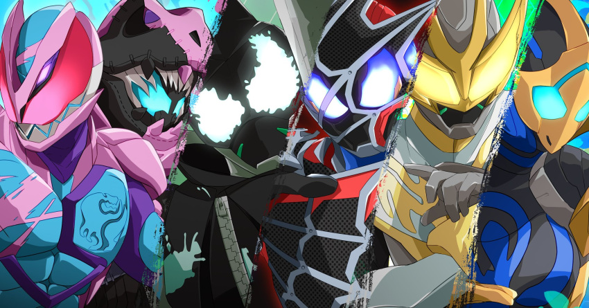 5boys armor arthropod_girl bat_(animal) bat_genome black_armor blue_armor blue_eyes bug cobra_genome demon_boy dinosaur dual_persona everyone female gloves glowing glowing_eyes grey_gloves highres horns kamen_rider kamen_rider_demons kamen_rider_evil kamen_rider_jeanne kamen_rider_live kamen_rider_revi kamen_rider_revice kamen_rider_vice miyabi_(037) multiple_boys orange_armor rex_genome sharp_teeth siblings silk single_horn spider spider_genome spider_girl spider_web spider_web_print teeth tyrannosaurus_rex white_armor yellow_eyes