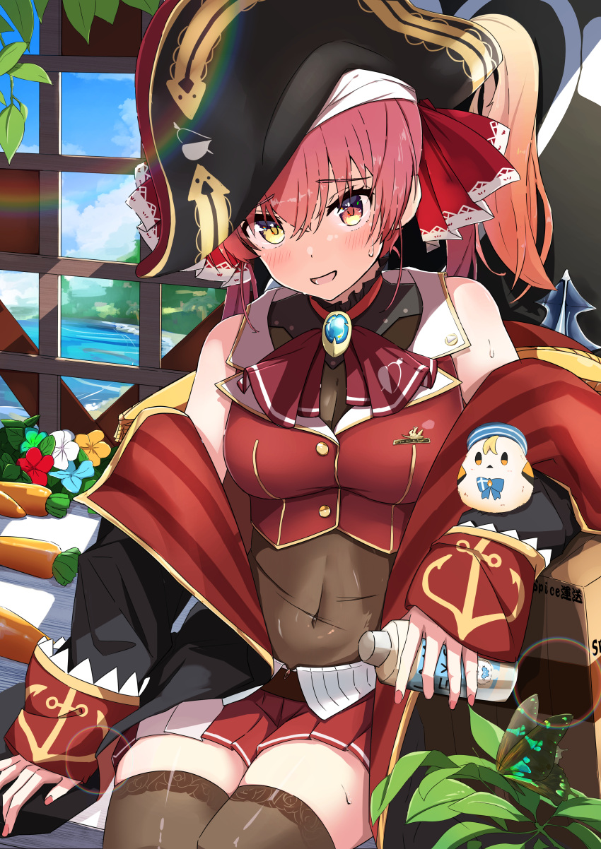 absurdres arrow_through_heart bicorne bird bird_on_hand black_coat black_hat blush breasts brown_thighhighs buttons cleavage coat commentary commentary_typo covered_navel cropped_jacket crossed_bangs female gold_trim hat heterochromia high_ponytail highres holding hololive houshou_marine houshou_marine_(1st_costume) jacket leotard leotard_under_clothes long_hair looking_at_viewer medium_breasts miniskirt off_shoulder open_mouth pirate pirate_hat pleated_skirt red_eyes red_hair red_jacket red_skirt see-through see-through_cleavage see-through_leotard sitting skirt sleeveless sleeveless_jacket solo spice_mega sweat thighhighs virtual_youtuber yellow_eyes zettai_ryouiki