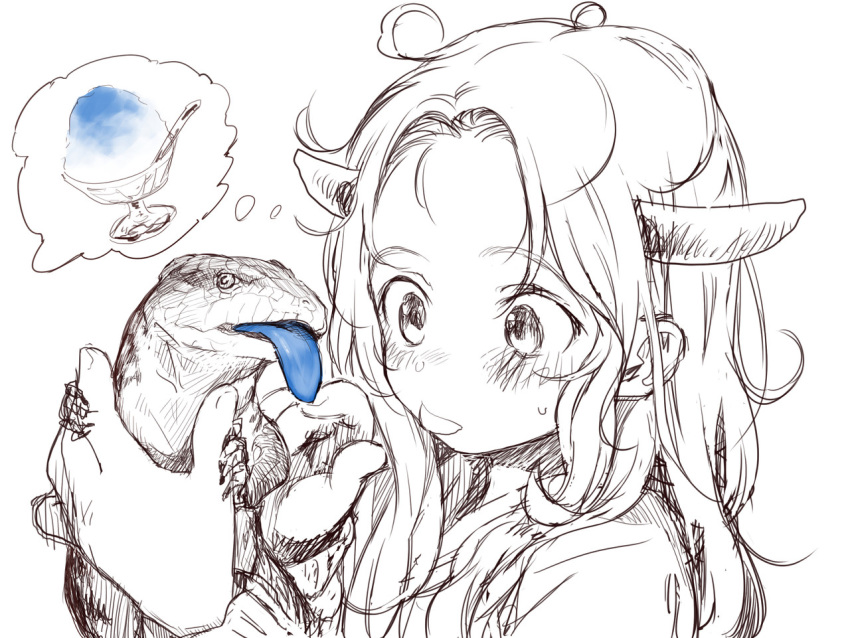 :p blue-tongued_skink blush bosako_(haguhagu) female food haguhagu_(rinjuu_circus) hands_up holding horns ice_cream lizard long_hair original spot_color sweat tongue tongue_out white_background