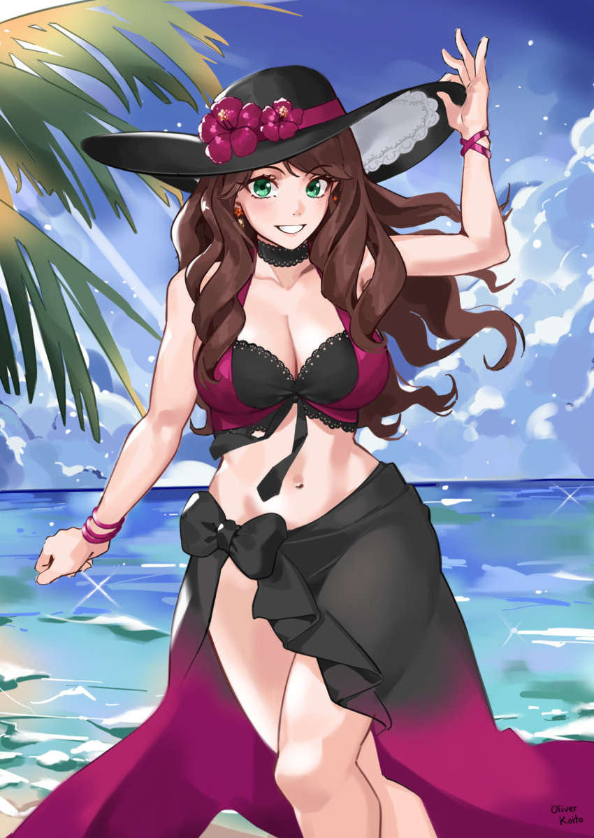 artist_name beach blue_sky breasts brown_hair cleavage cloud commentary day dorothea_arnault dorothea_arnault_(summer) earrings english_commentary female fire_emblem fire_emblem:_three_houses fire_emblem_heroes flower green_eyes hat hat_flower highres jewelry large_breasts long_hair oliver_koito outdoors sky solo swimsuit water