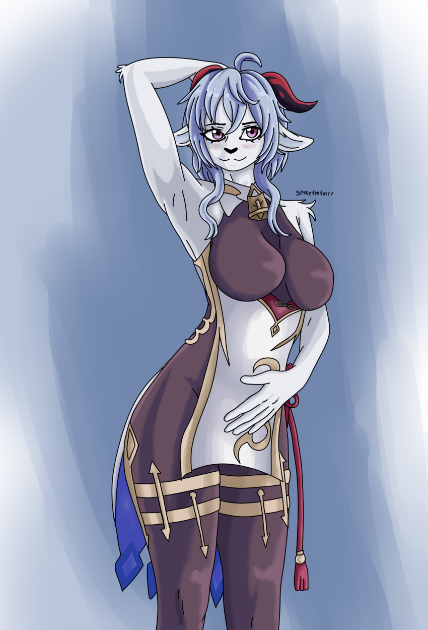 2022 2_horns absurd_res adeptus_(genshin_impact) alternate_species anthro apron bell bell_collar big_breasts blue_hair blush body_stocking bovid breasts caprine clothed clothing collar cowbell curved_horn female fur furrification ganyu_(genshin_impact) genshin_impact goat hair hand_on_belly hand_on_head hi_res horn mammal mihoyo pelvic_curtain portrait pose purple_eyes raised_arm rope signature simple_background skinsuit smile solo spike_the_furry three-quarter_portrait tight_clothing white_body white_fur wide_hips