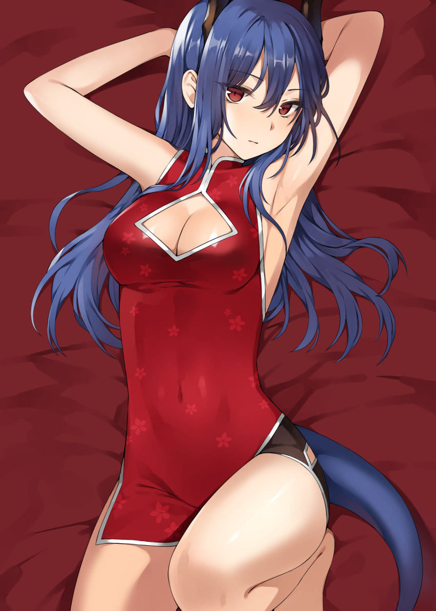 alternate_hairstyle arknights armpits bad_id bad_pixiv_id bare_arms bare_legs bare_shoulders barefoot bed_sheet blue_eyes blue_hair breasts canape_(canape0130) ch'en_(ageless_afterglow)_(arknights) ch'en_(arknights) china_dress chinese_clothes cleavage cleavage_cutout clothing_cutout commentary covered_navel dragon_horns dragon_tail dress female hair_down highres horns korean_commentary medium_breasts official_alternate_costume red_eyes short_dress solo tail thighs