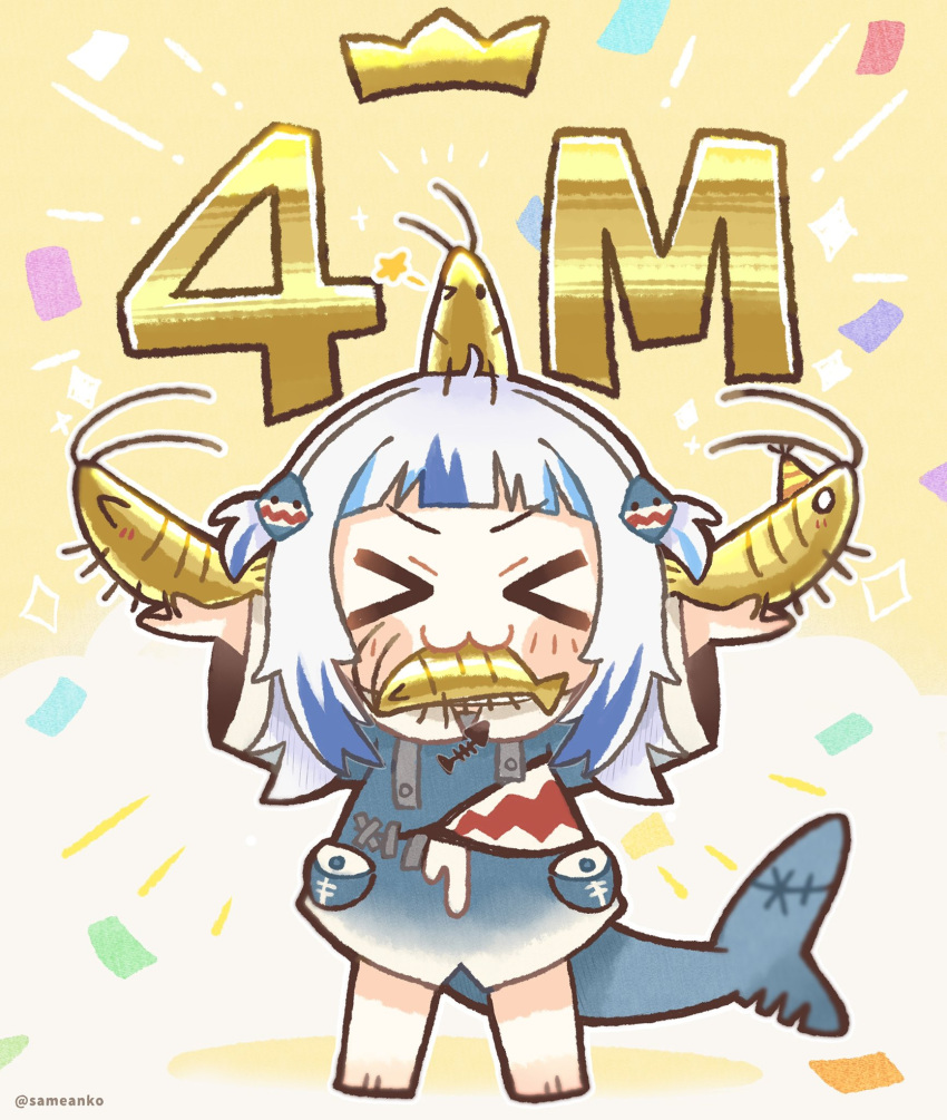 >_< >_o :3 blue_hair blunt_bangs blush_stickers chibi closed_eyes commentary confetti crown facing_viewer female fins fish_tail gawr_gura gawr_gura_(1st_costume) grey_hair hair_ornament highres hololive hololive_english long_hair milestone_celebration mouth_hold multicolored_hair one_eye_closed same_anko shark_tail shrimp solo streaked_hair tail two-tone_hair two_side_up virtual_youtuber x3