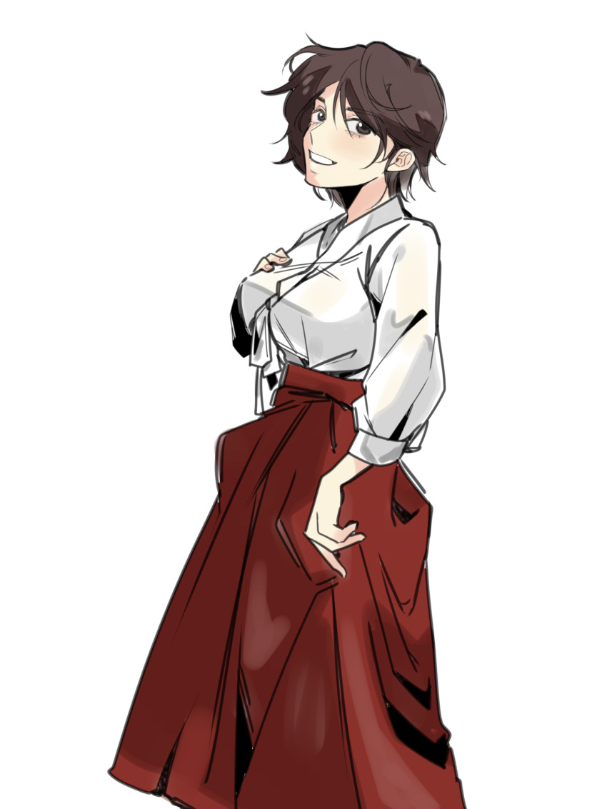 beautiful_gunbari breasts brown_eyes brown_hair female hanbok hdisis999 highres korean_clothes looking_at_viewer medium_breasts short_hair smile standing white_background