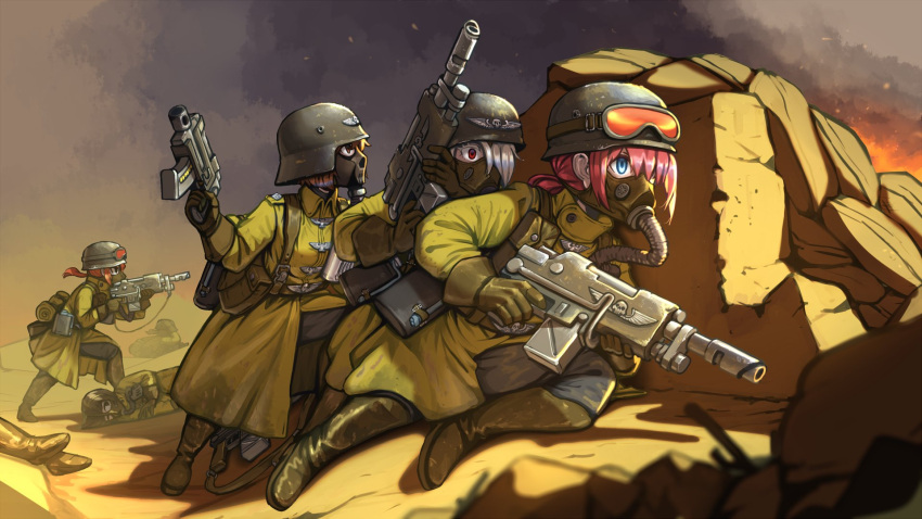 armageddon_steel_legion astra_militarum blue_eyes bolt_pistol boots coat commentary emblem english_commentary erica_(naze1940) fire gas_mask gloves goggles goggles_on_headwear gun helmet highres lasgun mask military military_uniform multiple_girls pink_hair rock smoke trench_coat tube uniform warhammer_40k weapon