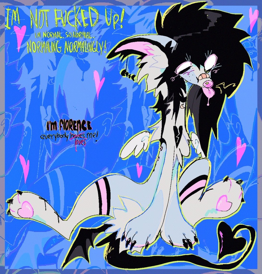 abstract_background alternative_fashion ambiguous_gender black_hair blue_body blue_fur canid canine canis colorful_theme domestic_dog emo feral fr34kpet fur glamfur hair mammal profanity scene_(fashion) scene_haircut solo sparklefur