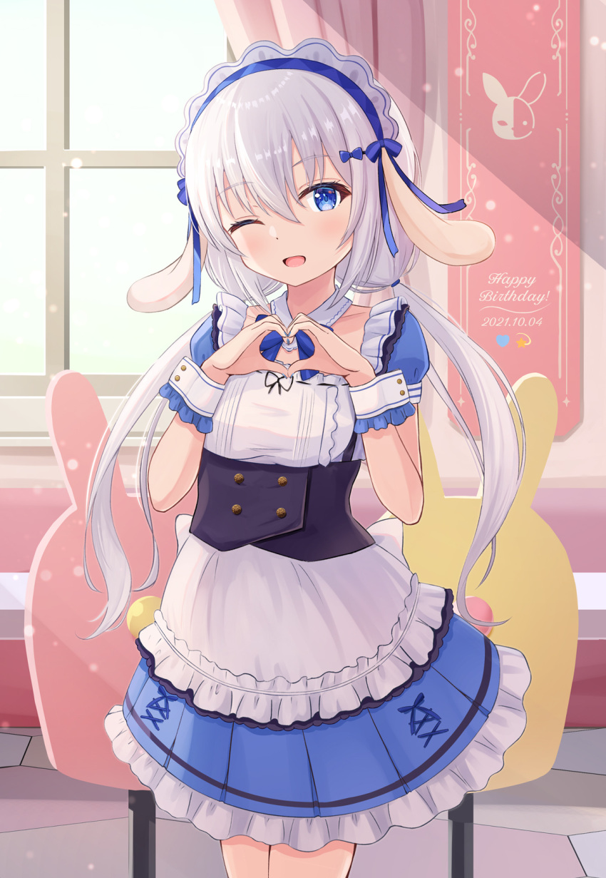 2021 ;d animal_ears birthday female hair_between_eyes hair_ornament happy_birthday heart heart_hands highres hikkyou looking_at_viewer maid masquerade_channel one_eye_closed open_mouth rabbit_ears revision smile solo tenshi_nano virtual_youtuber white_hair