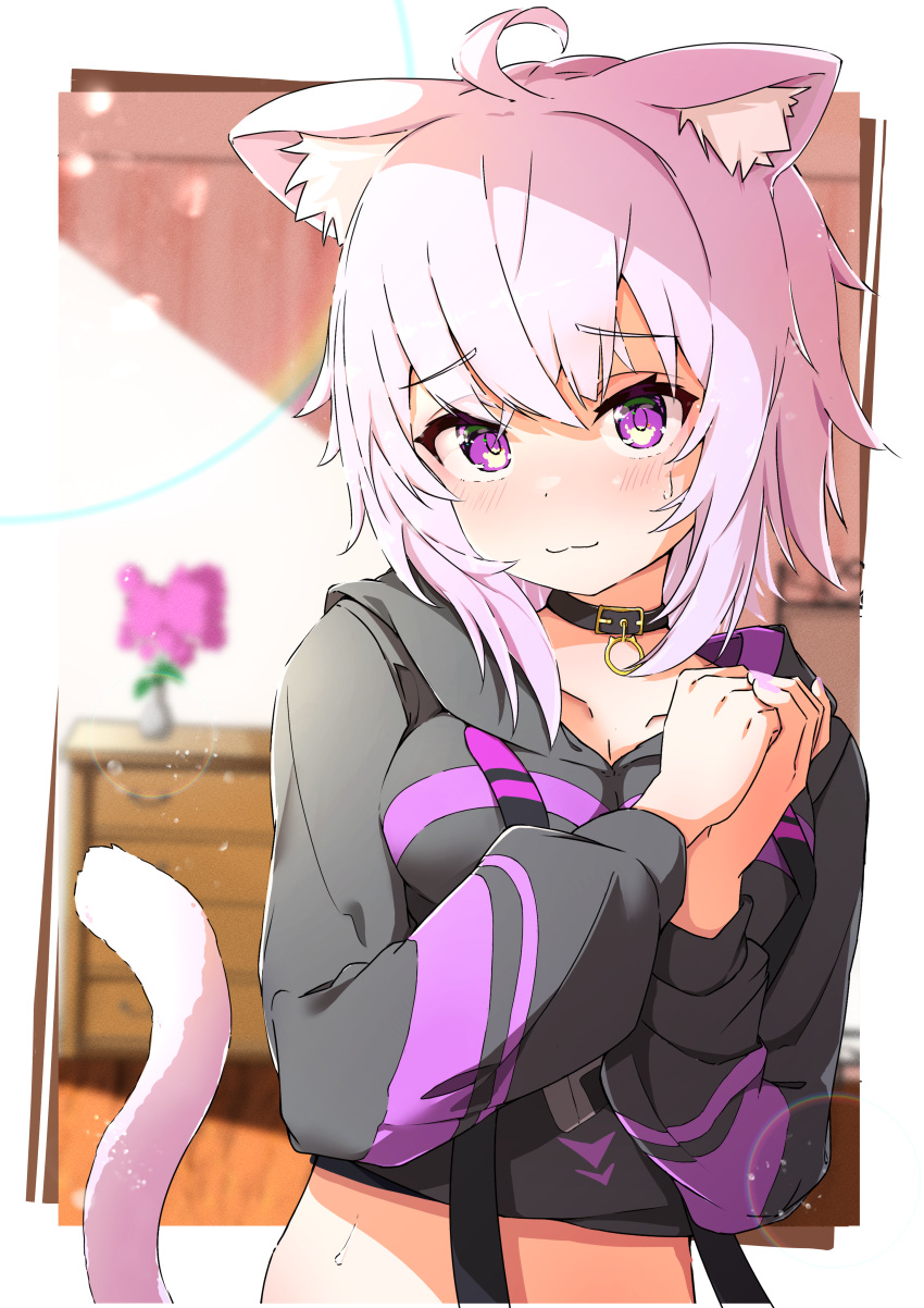 :3 absurdres ahoge animal_ears black_collar black_hoodie blush border cat_ears cat_girl cat_tail closed_mouth collar commentary crop_top crossed_bangs female highres hololive hood hoodie long_sleeves looking_at_viewer medium_hair nekomata_okayu nekomata_okayu_(1st_costume) outside_border own_hands_together pink_hair purple_eyes sidelocks smile solo spice_mega sweatdrop tail virtual_youtuber white_border