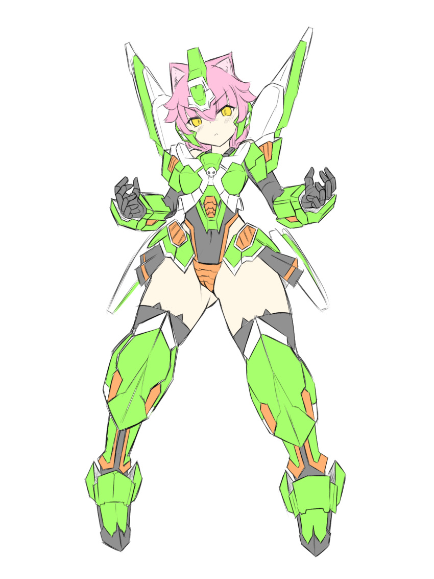 animal_ears cat_ears crossbone_gundam crossbone_gundam_ghost female gundam highres humanization kitasshi mecha_musume mechanical_wings open_hands phantom_gundam pink_hair solo thighhighs v-shaped_eyebrows white_background wings yellow_eyes