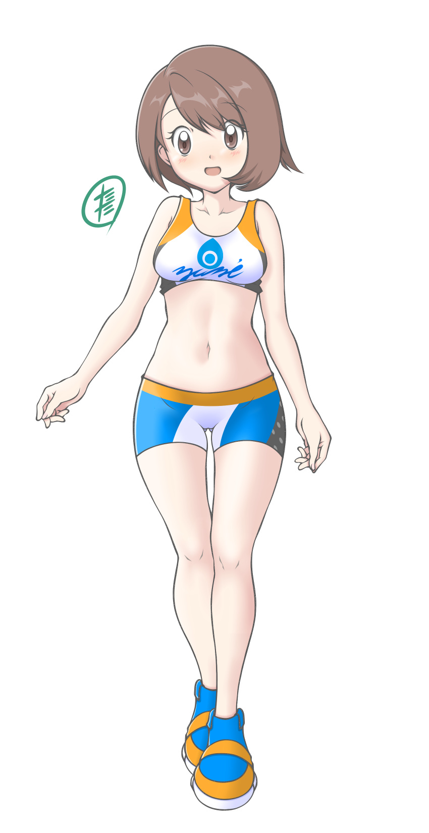 absurdres ass_visible_through_thighs bikini blush bob_cut breasts brown_eyes brown_hair collarbone commentary_request cosplay female full_body gloria_(pokemon) gym_trainer_(pokemon) gym_trainer_(pokemon)_(cosplay) highres knees midriff navel open_mouth pokemon pokemon_swsh shoes short_hair simple_background solo standing swimsuit tankini tax2rin thigh_gap white_background