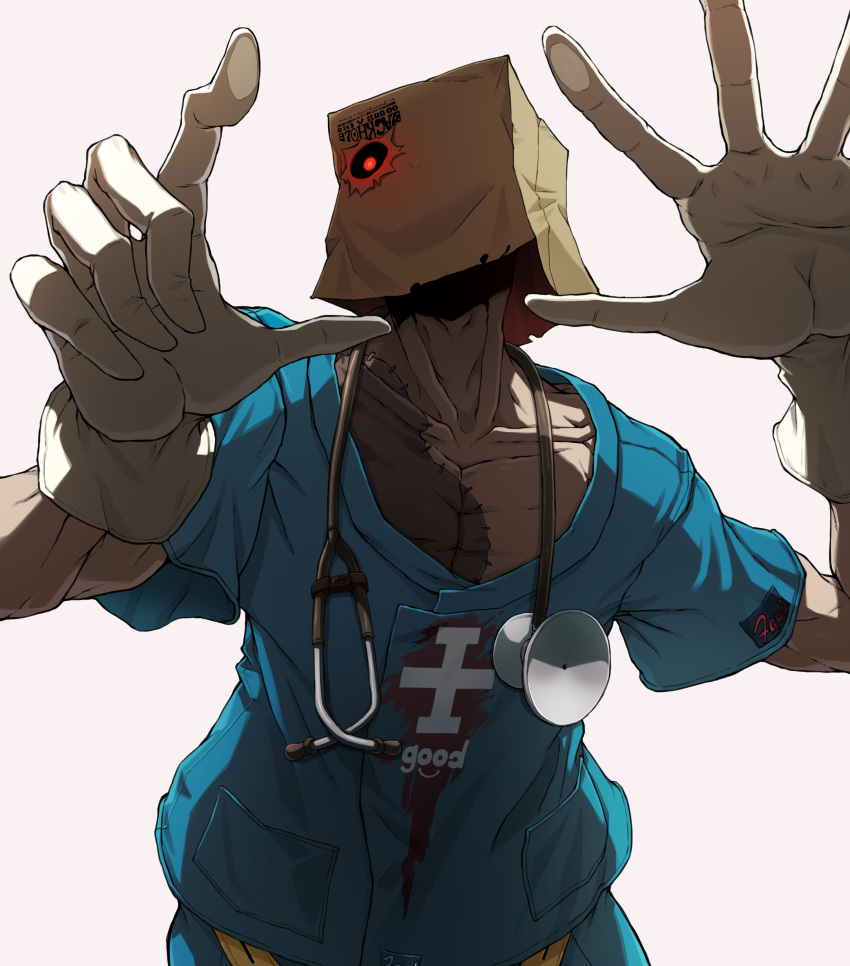 1boy absurdres against_fourth_wall bad_id bad_pixiv_id bag bag_over_head blue_shirt cleanerjay collarbone commentary doctor faust_(guilty_gear) gloves glowing glowing_eye guilty_gear guilty_gear_strive highres looking_at_viewer male_focus paper_bag red_eyes shirt short_sleeves simple_background solo stethoscope stitches upper_body white_background white_gloves