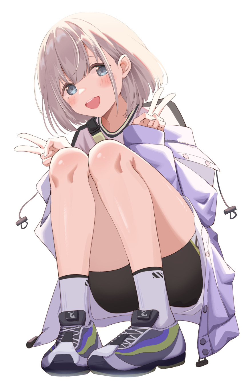 :d absurdres bad_id bad_pixiv_id bare_legs bike_shorts blue_eyes blush bob_cut double_v etoile fanny_pack female full_body grey_hair highres idolmaster idolmaster_shiny_colors jacket jacket_partially_removed looking_at_viewer purple_jacket round_teeth serizawa_asahi shoes short_hair simple_background smile sneakers solo squatting streetwear teeth v white_background