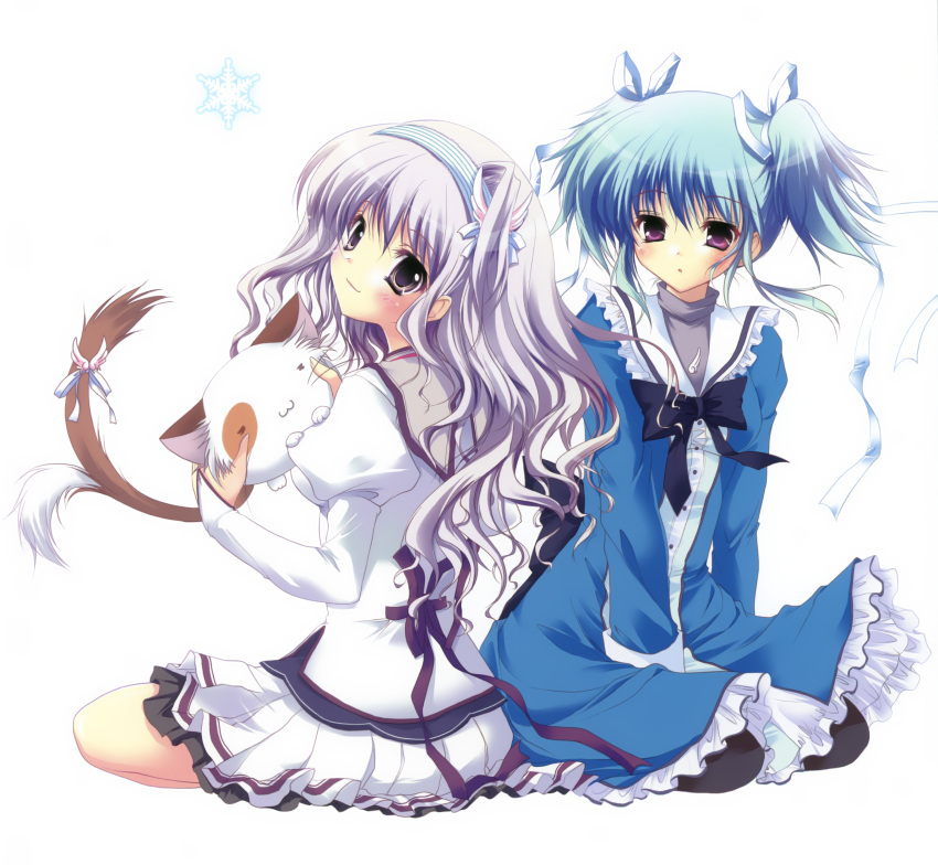 2girls :3 absurdres amaha_miu blue_hair dress feline headband highres izumi_tsubasu juliet_sleeves long_sleeves mashiroiro_symphony multiple_girls pan-nya puffy_sleeves purple_eyes purple_hair ribbon sailor_dress school_uniform snowflakes tail tail_ornament tail_ribbon twintails uryuu_sakuno