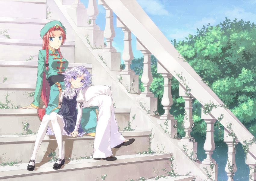 2girls aged_down arm_support beret blue_eyes blue_sky braid chinese_clothes commentary_request crossed_legs day dress grey_hair hakui_ami hat highres hong_meiling izayoi_sakuya long_hair mary_janes multiple_girls pants pantyhose photoshop_(medium) plant purple_eyes red_hair shoes sitting sitting_on_stairs sky smile stairs star_(symbol) touhou twin_braids vines white_legwear